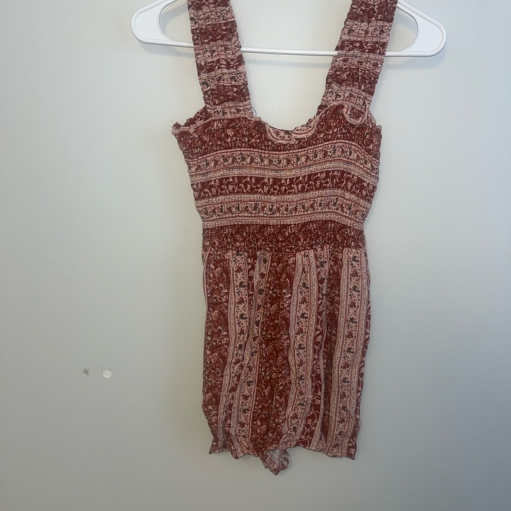 Brown Bohemian Jumpsuit with Smocked Bodice and Wide Straps